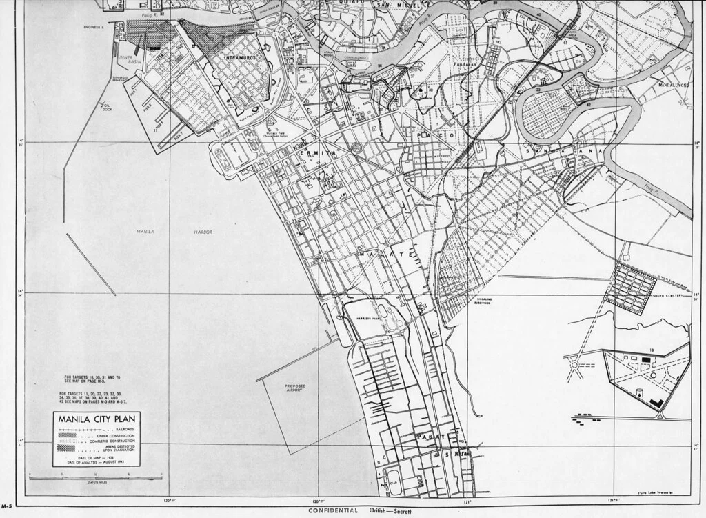south manila, philippines, japanese military sites to be targeted. date of map 1935. date of analysis 1943